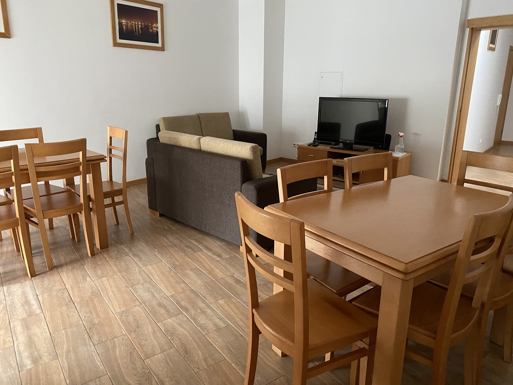 Shared living and dining area with tables, chairs, sofas, and television